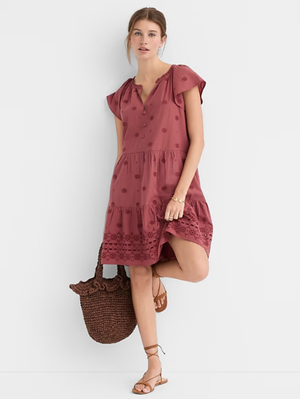 LOFT Eyelet Flutter Tiered Mini Dress- M